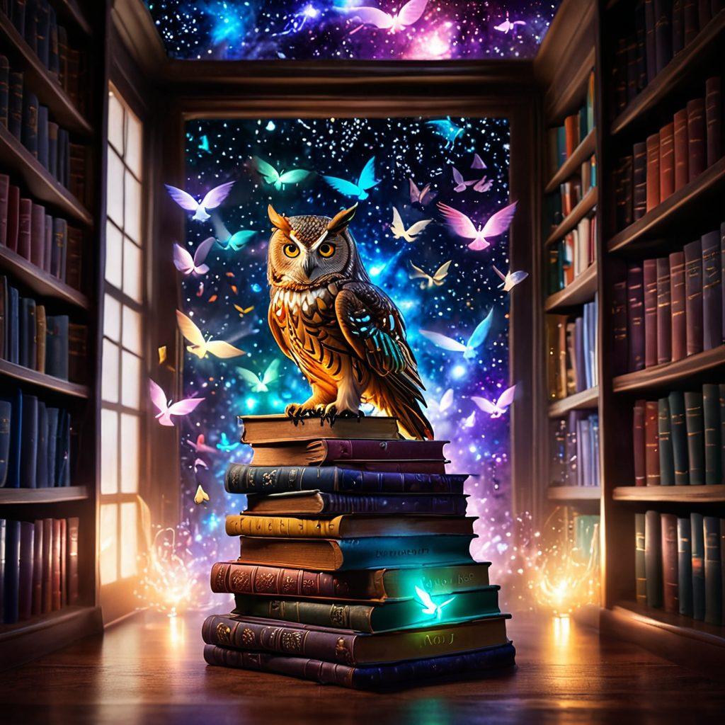 A mystical library filled with colorful, illuminated books floating in the air, surrounded by ethereal lights representing different languages. A wise owl perched on a stack of ancient tomes, symbolizing knowledge and wisdom. The background features abstract symbols of letters and words merging into a vibrant galaxy, showcasing the power of language. surrealistic. vibrant colors. enchanting atmosphere.