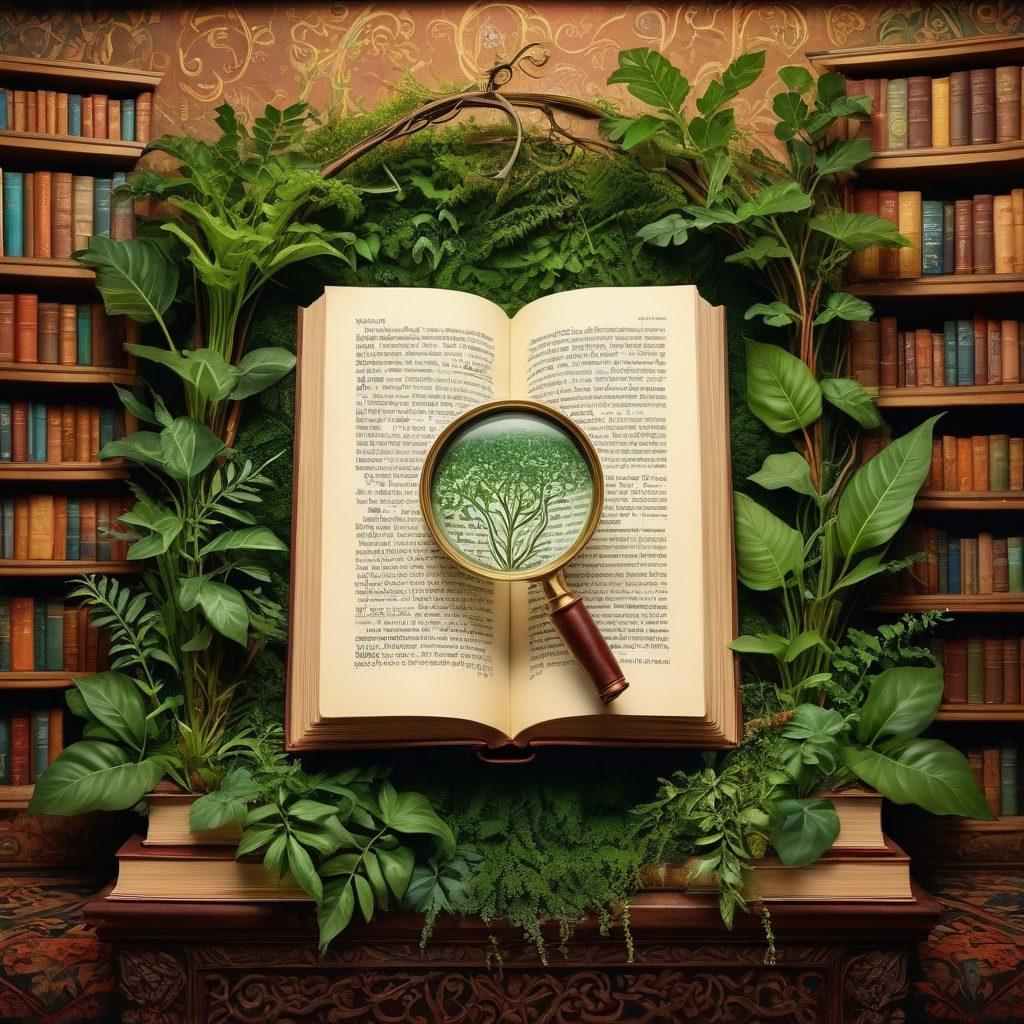 A whimsical library filled with ancient scrolls and modern books, where roots of words intertwine like vines around lush green plants. A glowing magnifying glass hovers over a word, illuminating its origins with ethereal light. Linguistic symbols and playful graphics float around, representing diverse languages. The scene is cozy yet magical, inspiring both curiosity and knowledge. rich colors. fantastical style.