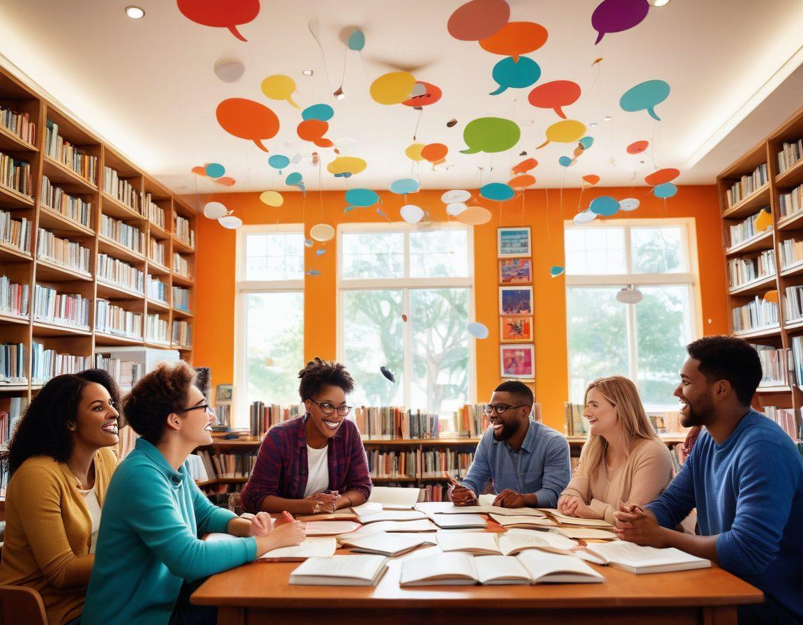 A vibrant library overflowing with colorful language books, with speech bubbles emerging from the pages filled with words and phrases. In the background, a diverse group of individuals engaging in lively discussions and practicing verbal skills together, surrounded by interactive language tools. The scene is bright, inspiring, and filled with energy, emphasizing communication and learning. super-realistic. vibrant colors. white background.